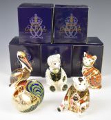 Five Royal Crown Derby Imari paperweights in boxes, including Farmyard Cockerel, Brown Pelican and