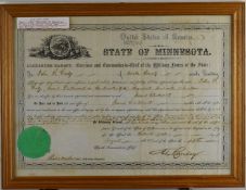 American Civil War interest framed officer's commission document for John Cary to Second Lieutenant,