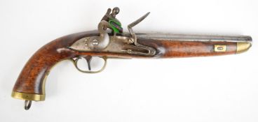 16 bore flintlock hammer action Sea Service pistol with brass butt plate, trigger guard and