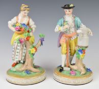 Pair of Dresden male and female allegorical gardening figures, height 22cm