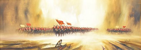 John Bampfield (b1947) oil on canvas, cavalry and troop formation advancing, 45 x 126cm