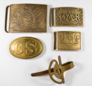 Four various American belt buckles including two for the Grand Army of the Republic, plus a belt