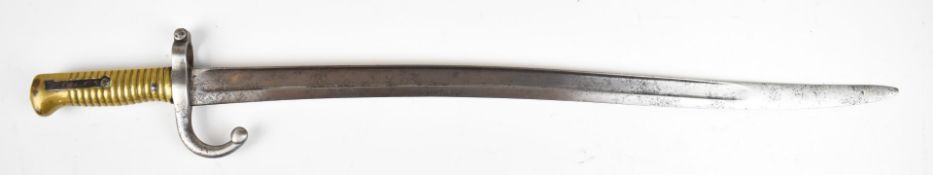 French chassepot 1866 pattern bayonet with downswept quillon marked 3342 to crosspiece, brass grip