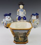 Mosanic faience pottery Jolly Toby jug, two continental male and female Tobys and a Gien jardinière,