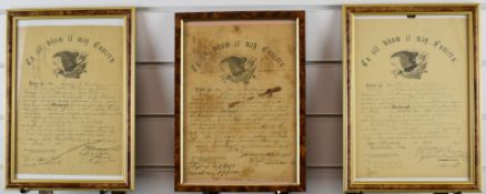 American Civil War interest three framed Discharge Certificates for Private S B Skinney, New York