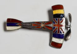 WW1 'The Allies Aeroplane' silver and enamel pin back badge, stamped W.W. Ltd. No.64490 to reverse