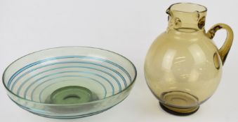 Two pieces of Barnaby Powell for Whitefriars glass comprising a trailed bowl and a jug, largest 22.