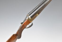 Frederick T Baker 12 bore side by side shotgun with engraved lock, trigger guard, thumb lever,