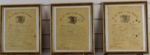 American Civil War interest three framed Discharge Certificates for Private Jonas Weeks of the