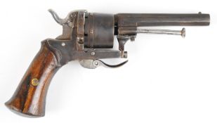 Belgian six-shot pinfire self-cocking revolver with shaped wooden grips, folding trigger and 3.25