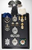 Mounted display of British Army Scottish Regiment badges including Royal Scots and King's Own