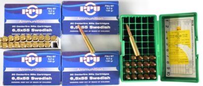One-hundred 6.5x55 Swedish rifle cartridges including PPU, some in original boxes. PLEASE NOTE