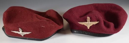 Two Parachute Regiment berets and badges, one badge stamped sterling to the back