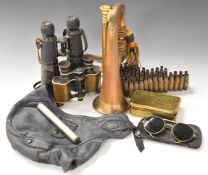 Military items including binoculars and bugle