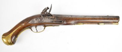 Churchill flintlock hammer action Dragoon pistol with named lock, brass trigger guard, butt plate