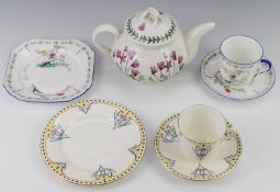 Two Shelley porcelain trios and a Portmeirion teapot decorated in the Botanic Garden pattern
