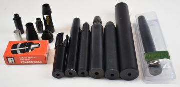A collection of air rifle sound moderators including Parker-Hale and Bisley, some in original
