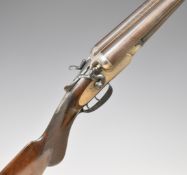W&J Davies 12 bore side by side hammer action shotgun with named and engraved lock, chequered semi-