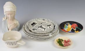 Midwinter Homemaker dinner ware, Lladro bust, Art Deco Gray's Pottery dish and a Moorcroft pin dish,