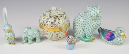 Herend porcelain reticulated covered pot, animal and bird figures, tallest 12cm