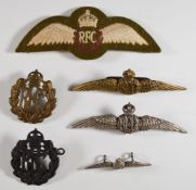 Six WW1 Royal Flying Corps badges, two with blades and one stamped silver
