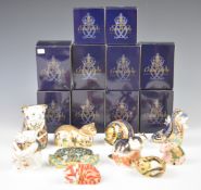 Ten Royal Crown Derby Imari paperweights in boxes, including Riverbank Beaver, Sleeping Ginger