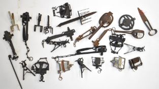 Large collection of animal traps, some named P+M, XXX, FH and Co, Fenn etc