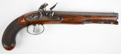 Dawes of London 20 bore flintlock hammer action duelling pistol with named and engraved lock,