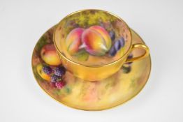 Royal Worcester painted fruit cup and saucer, the saucer signed H Price, the cup A Shuck, height