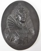 Wedgwood 19thC oval black basalt plaque with relief moulded decoration of Elizabeth I, label