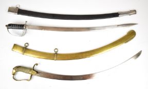 Two replica swords, one with horse head pommel and curved blade, the other made in India, both