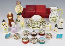Collection of Royal Worcester candle snuffers, Halcyon Days enamels, Blind Earl porcelain trio and