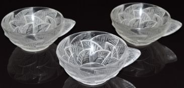 Three René Lalique Ormeaux frosted and clear glass Tasse à Glace ice cream cups, each signed 'R