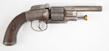 English 120 bore transitional six-shot bar hammer action percussion revolver with engraved frame and