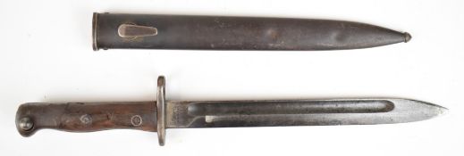 Thailand Mauser bayonet with wooden grips, marks to ricasso, 24.5cm fullered blade and scabbard.
