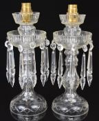 A pair of clear cut glass drop lustre lamps, 30cm tall.