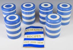 Six T G Green Cornishware storage jars / containers and a recipe book, height 14.5cm