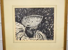 Bernard Venables (1907-2001) pen and ink study of a fish in a landing net, signed lower right, 14.