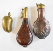 Three various powder and shot flasks, one G&JW Hawksley with embossed decoration of dogs and game