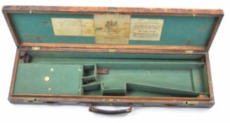 Westley Richards leather bound oak fitted shotgun case with three original labels, 84 x 25 x 9.5cm.