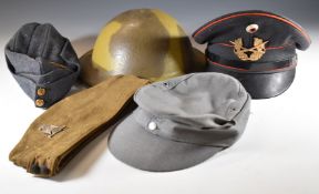 Five military hats comprising two side hats, WW2 Wiltshire Regiment with economy badge, WW2 RAF with