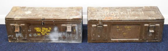 Two metal ammunition tins for 120mm shell, 66 x 25 x 25cm