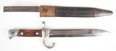 Mexico 1889 pattern bayonet with wooden grips, down swept quillon, 21cm fullered blade, scabbard and