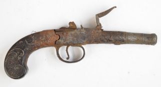 Flintlock hammer action pocket pistol with lock named 'Hove', wire inlaid grip, vacant cartouche