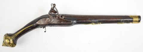 Continental flintlock duelling or similar pistol with engraved lock and hammer, engraved brass