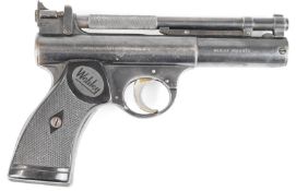 Webley Senior .177 air pistol with named and chequered revolver style grips and adjustable sights,