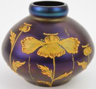 Moser style iridescent squat glass vase with flower decoration, 13cm in diameter.