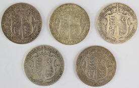 Five Edward VII half crowns 1906, 1907, 1908, 1909 and 1910, GF-EF