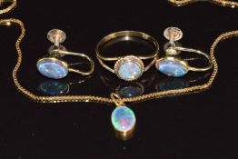 A pair of 9ct gold earrings, pendant and ring all set with opal triplets, 5.1g, size K
