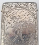 Victorian hallmarked silver calling card case with engraved decoration of a bird in a tree,